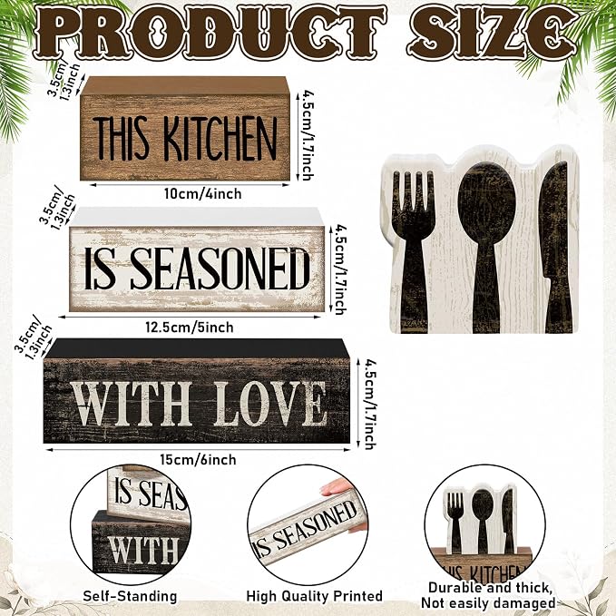 Moucuny 4 Pcs Kitchen Decor Wooden Signs, Farmhouse Tableware Tiered | Rustic Block Signs for Kitchen Shelf, Stackable Tiered Centerpiece, Cutlery Theme Rules Sign, Farmhouse Accessories