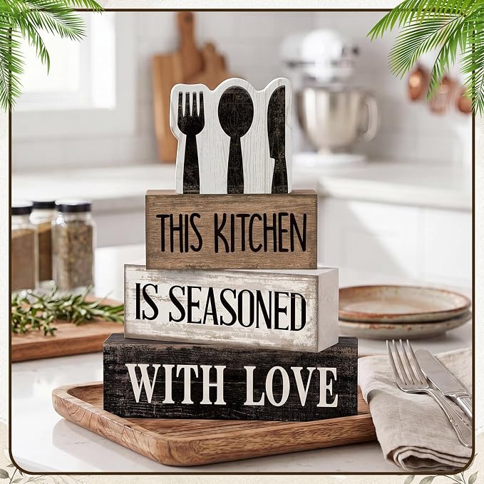 Moucuny 4 Pcs Kitchen Decor Wooden Signs, Farmhouse Tableware Tiered | Rustic Block Signs for Kitchen Shelf, Stackable Tiered Centerpiece, Cutlery Theme Rules Sign, Farmhouse Accessories
