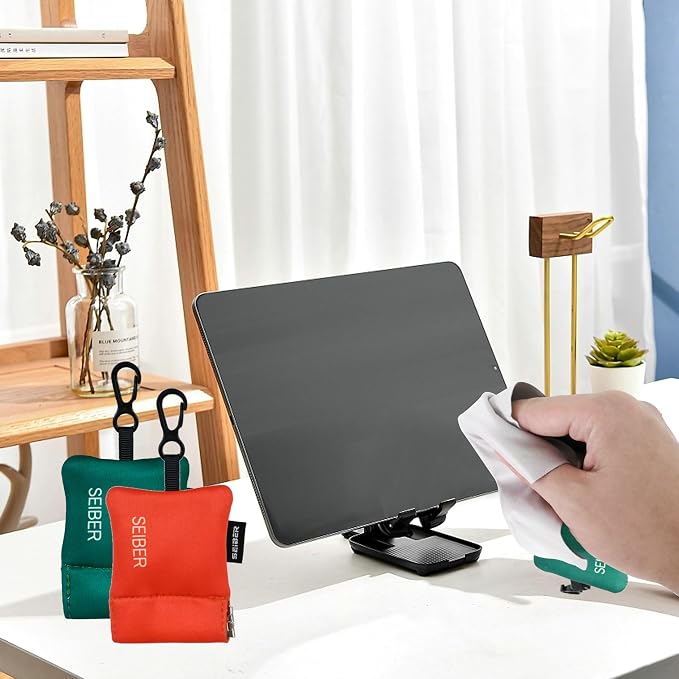 SEIBER Microfiber Eyeglass Cleaning Cloth, Orange & Green, 2 Pcs | With Neoprene Pouch, For Glasses, Laptops, Cameras, Screen, Self-Closing Bottom,Ultra-Soft, Scratch-Free