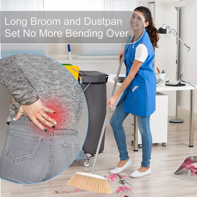 VOOWO Broom and Dustpan Set for Home, Stainless Steel Broom and Dustpan Set with Long Handle, Heavy Duty Dustpan Broom Set Standing Dust Pan Kitchen and Home Indoor Outdoor Broom