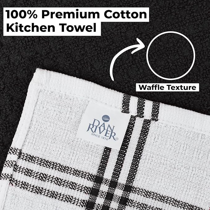 DAN RIVER Black Kitchen Towels, 6 Pack, 16x26 Inches Absorbent Dish Towels | Soft 100% cotton kitchen towels for drying dishes, wiping countertops,handling everyday kitchen messes,absorbent dish towels