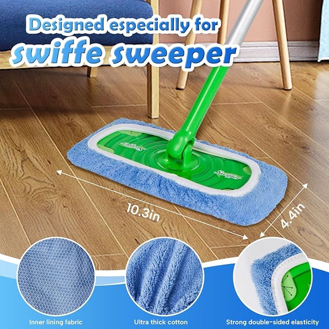 6 Pack Reusable Microfiber Mop Pads Compatible with Swiffer Sweeper Mop, Dry Sweeping Cloths & Wet Mopping Cloths, Washable Wet Pads Refill for Hardwood Surface Floor Cleaning