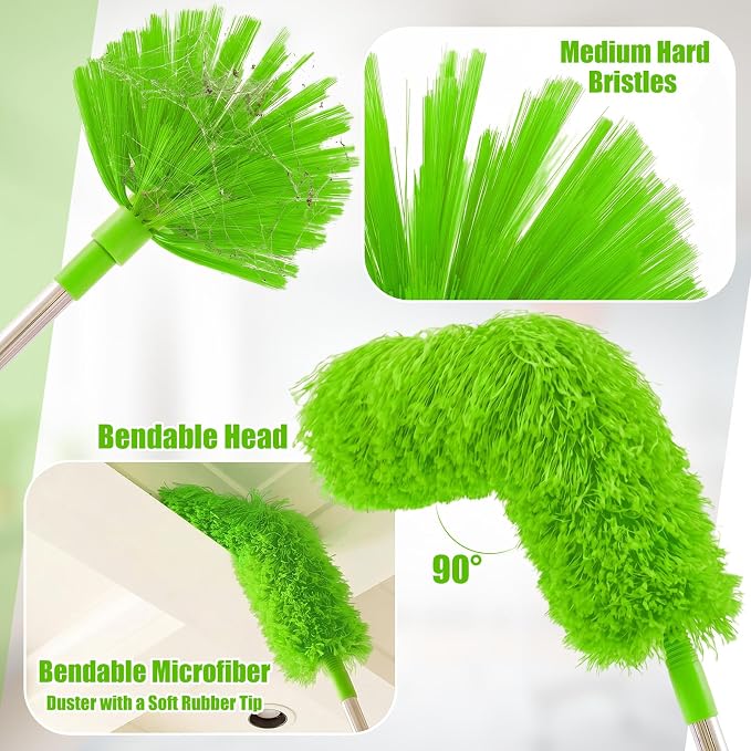 30 Feet High Reach Duster Kit with 2-24 ft Extension Pole High Ceiling Dusting and Window Cleaning Kit with Window Washer & Squeegee, Cobweb Duster, Washable Head for Ceiling Fan(Green)