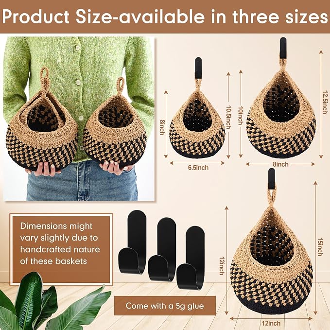 3 Hanging Baskets,Linen with Black,Teardrop,Cotton Rope | Wicker Wall Baskets with Hooks for Fruit Vegetable Onion Storage, Teardrop Organizer for Kitchen, Boho Farmhouse Decor