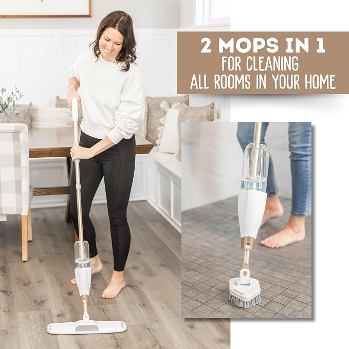 Quick Shine Multi-Action 10 Piece Interchangeable Spray Mop Kit | Ultimate Gold All-In-One Pro Cleaning System, Lightweight Mop w/ Assorted Microfiber Pads & Triangular Attachmets