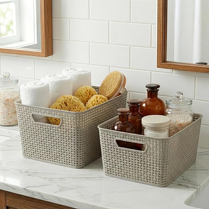 BINO | Plastic Storage Baskets, 13.5 Liter - 3 Pack, Natural | THE WOVEN COLLECTION | Storage Basket for Shelves | Woven Storage Baskets for Organizing Bins | Pantry Shelf Organizer | Container Bin