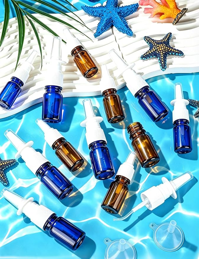 10 Pcs Nasal Spray Bottle, 5ML/0.17OZ 6 Pcs Blue Fine Mist Glass Empty Refillable Nasal Spray Bottle with 2 Funnels and 2 Labels