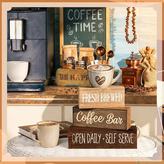 Moucuny 4 Pcs Coffee Bar Wooden Sign Decor Rustic Farmhouse Kitchen Table | Tiered Tray Centerpiece, Bar Supplies for Home, Self Serve Display, Station Decorations for Countertop, Rustic Gift