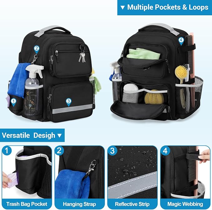 HODRANT Rolling Clean Backpack with Detachable Trolley & Waterproof Bottom | Large Cleaning Supplies Bag with Handle & Support Plate, Cleaner Caddy Organizer for Car Wash & Housekeeping Tool Storage
