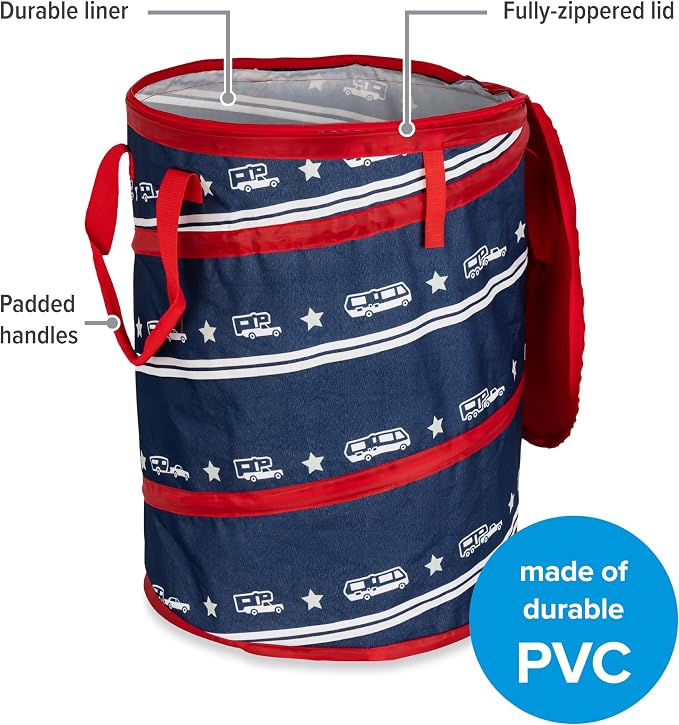 Camco Campsite Pop Up Utility Container with Liner and Zipper Close Lid for RV Storage, Laundry Hampers, and Organization, Patriotic