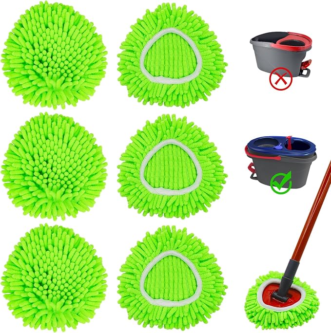 Mop Heads Replacements for O-Cedar RinseClean 2-Tank Spin Mop System | 6 Pack Chenille Duster Mop Replace Heads, Spin Mop Heads Dry/Wet Use for Hardwood Floor, Reusable and Washable, Green