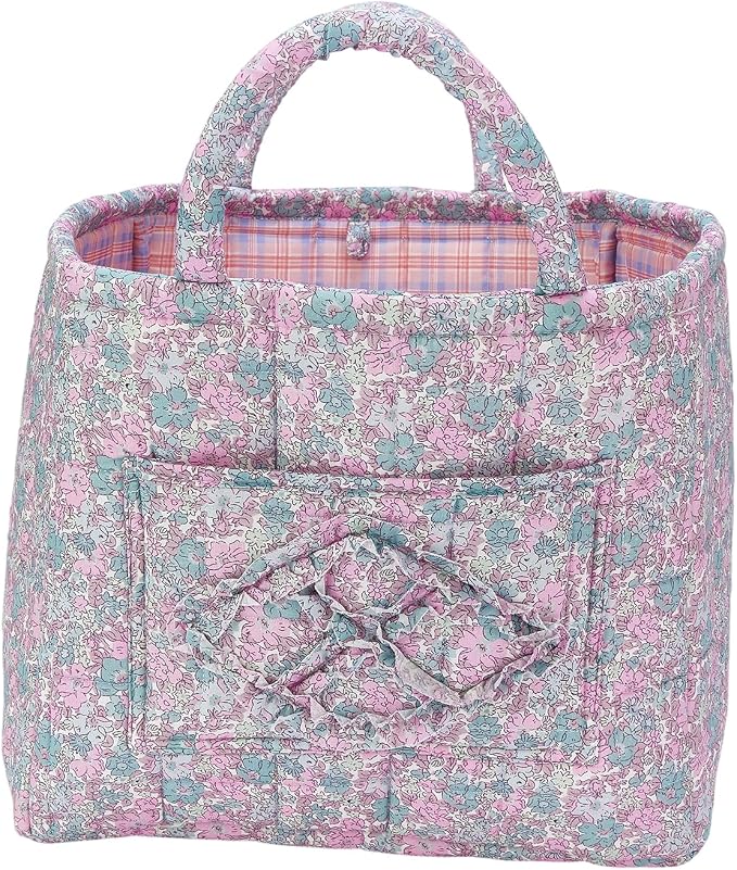 Boho Fabric Storage Basket Quilted Floral Print Baskets Organizer Bin with Handles for Home, Picnic, Shopping (B-Pink, 31cm*27cm*26cm)