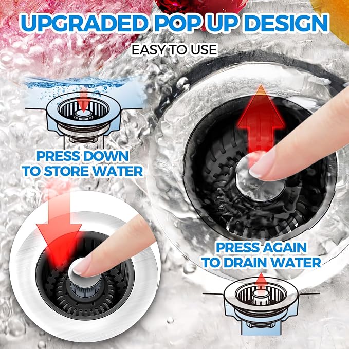 zaa 3 in 1 Kitchen Sink Drain Strainer Stopper Removable Basket Pop-Up | Kitchen Sink Accessories 1 Pack Black Stainless - Food Catcher, Odor-Blocking Seal, Fits 3.5" Drain, Easy Clean
