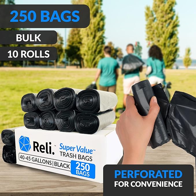 Reli. 40 to 45 Gallon Trash Bags Heavy Duty | 250 Trash Bags, Twist Ties | Black, Serious Garbage Cleanup | Large Garbage Bags with Twist Ties, Made in USA | SuperValue