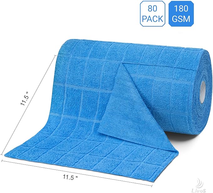 LIVOS Microfiber Cleaning Cloth Roll - 80 Pack, Reusable Paper Towels, Microfiber Towels for Cars, Super Absorbent Lint Free Cleaning Rags for House, Kitchen, Window-Check Blue, 11.5"x11.5"