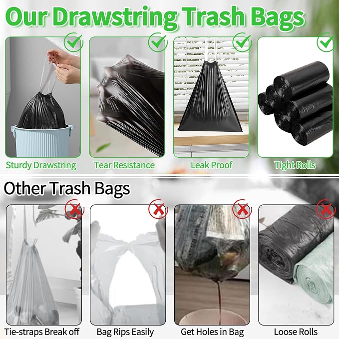 200 Count Small Drawstring Trash Bags for 2.6-Gallon (10 L) Trash Cans,Thick Pre-separated Garbage Bags,Mini Wastebasket can Liners for Bathroom Bedroom Office(Black)