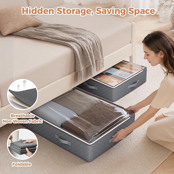 Budding Joy 95L Under Bed Storage Containers, 4 Pack Closet Organizers Grey | Foldable underbed storage bins for linen sheets, blanket, clothing, comforter, sweaters, pillows, wrapping paper