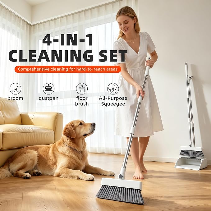 SDSM 4 in 1 Multifunctional Broom and Dustpan Combo Set, Heavy Duty Brooms with 52" Long Handle, with Squeegee and Cleaning Brush, for Clean Home Kitchen Bathroom Office, Sweeping indoor Outdoor Floor