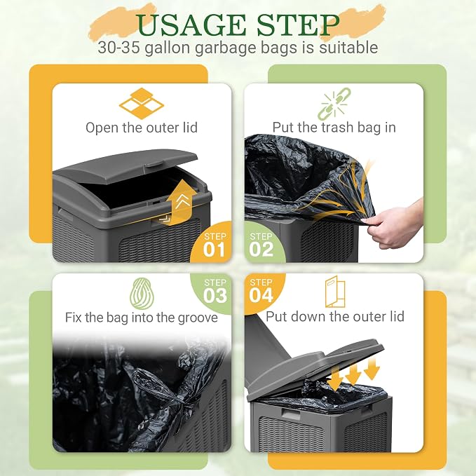Greesum 33 Gallon Outdoor Trash Can with Lid, Waterproof Design, Gray | Resin Garbage Bin for Hideaway, Deck, Patio