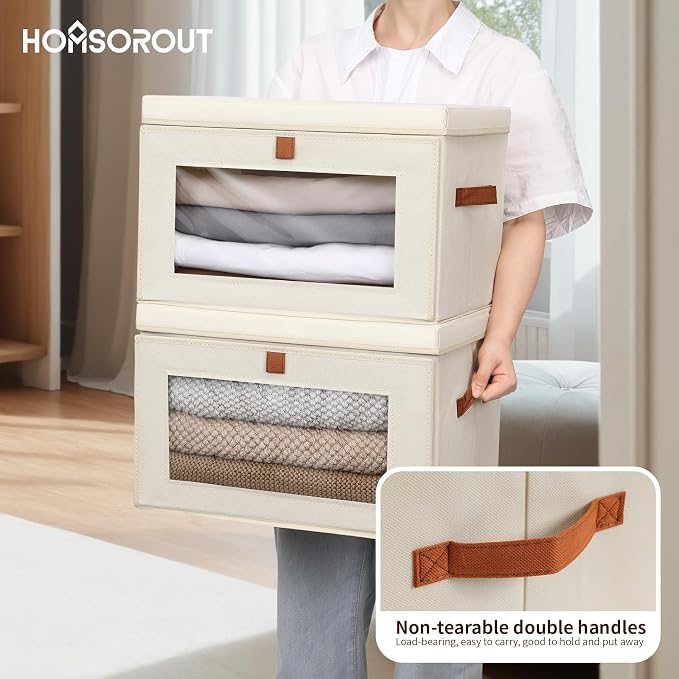 Homsorout Large Closet Storage Bins - Collapsible Clothing Organizer with Handles & Window, Decorative Bin with Lids, Linen Closet Organizers for Living Room, Dorm, 6 Pack, Beige
