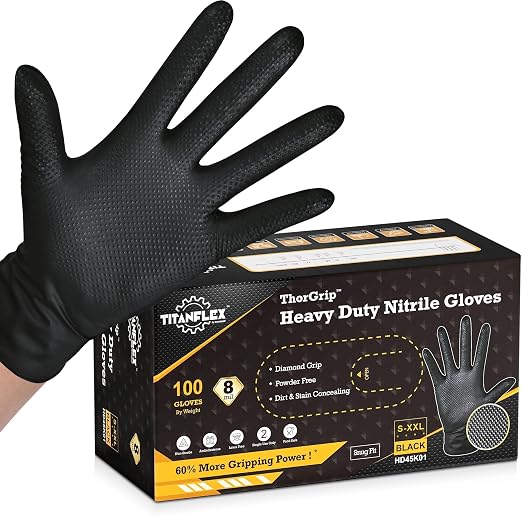 Heavy Duty Black Industrial Nitrile Gloves, 8-mil, Large, Box of 100, Latex Free, Raised Diamond Texture, Powder Free, Food Safe, Rubber Gloves, Mechanic Gloves(L)