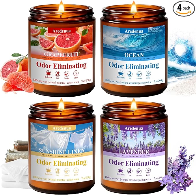 4 Pack Odor Eliminating Highly Fragranced Candle - Eliminates 95% of Pet, Smoke, Food & Other Smells Quickly - Air Freshing Scent of Grapefruit/Linen/Lavender/Ocean - 28oz Soy Candle Gift for Home