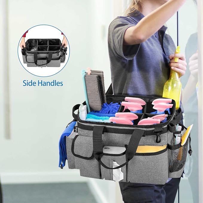 LoDrid Large Wearable Cleaning Caddy Bag with Detachable Divider,Grey | Cleaning Supply Tote Organizer with Handles and Adjustable Shoulder Strap for Cleaners & Housekeepers