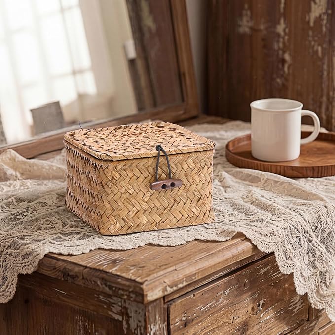 Hipiwe Handwoven Seagrass Basket Decorative Shelf Basket with Lid Mini Square Wicker Storage Box, Caramel Color, 4.7" x 4.7" x 3"