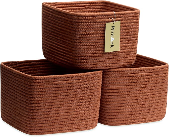 MiniArk Small Organizing Baskets for Cubes Shelf, 9.7x9.7x7.1 Inch Rope Woven Storage Bins for Nursery Shelves Storage, Cute Toy Basket, Square 3 Packs Oxide Red
