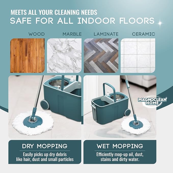 Spin Mop and Bucket System 11L with 2 Replacement Mop Heads, Hands-Free Wringer, Stainless Steel Adjustable Handle, Safe for All Indoor Floors, Grey and Blue