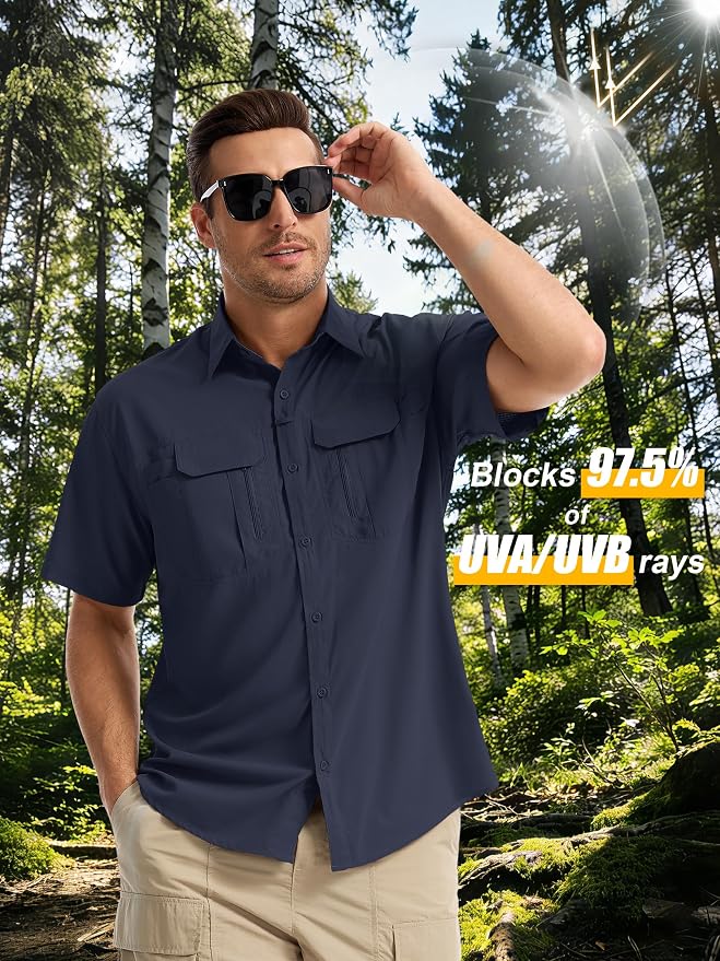 Mens Short Sleeve Fishing Shirt Sun Protection Quick Dry Lightweight | Breathable Fabric, Multi Pockets, for Fishing Safari Hiking Hunting Camping Outdoor Work Casual Wear