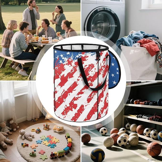 American Flag 24 Gal Collapsible Trash Can Waterproof Pop-Up Pop up Trash Can for Camping Backyard & Car Travel Easy to Clean Outdoor Garbage Bin Reusable Camping Essentials