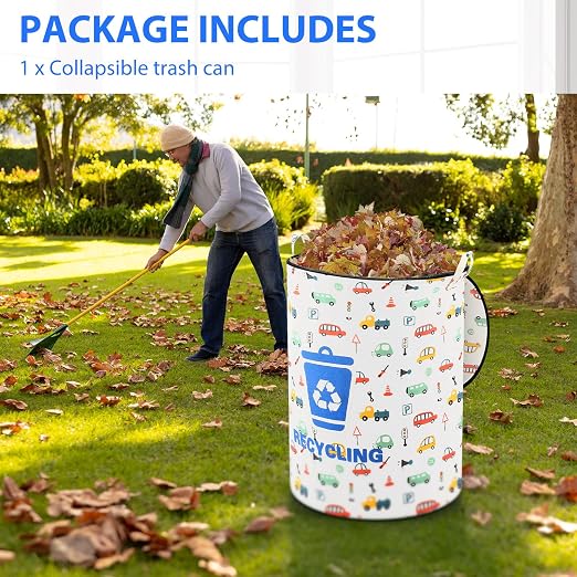 Jingmore 1 Pcs 30 Gallon Collapsible Trash Can Portable Reusable with Zippered Lid Garbage Can for Camping Parties Outdoor RV's Recycling, Yard Waste, Leaf Bag, Children Toy(Recycling Style)