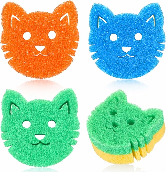 FillTouch Cat 3 Pcs Scrub Sponge, Green, Orange, Blue | Dual Sided Scrub Sponge, Non Scratch Temperature Color Sensitive, Soft Scrubbing for Kitchen Bathroom, Mommy Daddy