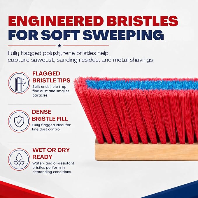 4-Pack - 24" Soft Sweep Indoor Push Broom with 60" Handle. Ideal for Epoxy & Polished Floors. Durable American Made Steel Brackets-Stainless Steel Hardware. No Plastic. 100% USA Made