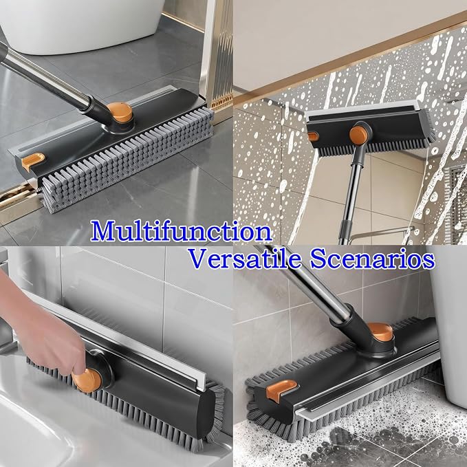 Floor Scrub Brush with Squeegee Long Handle 3 in 1 tub Brush 52'' 2026 Upgraded Multi-Functional Stiff Bristle Cleaning Scrub Brush Rotating Tile Brush for Cleaning Bathroom Patio, Pool, Garage