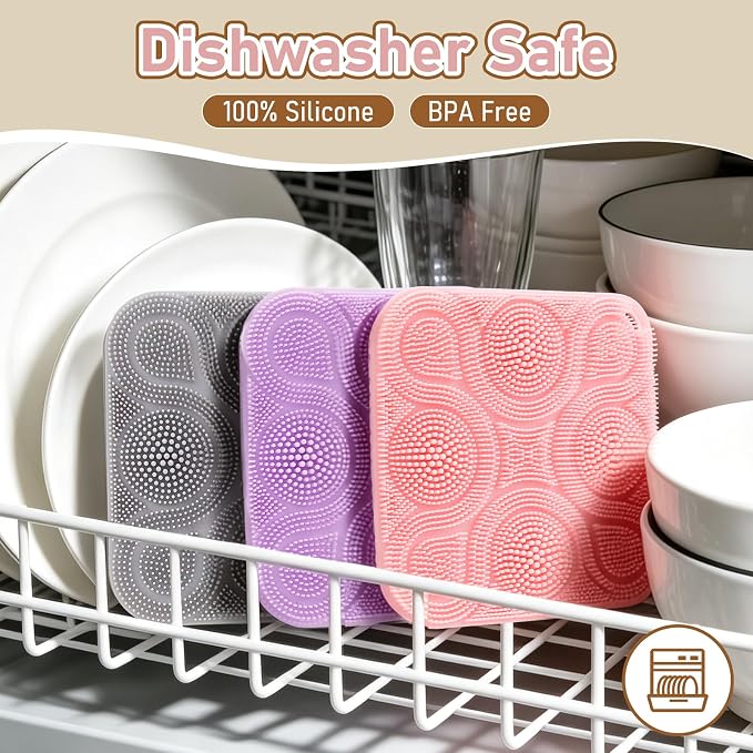 Silicone Sponges for Dishes Fruit Vegetable, Vynusio Silicon Dish Sponge 3 Pack Food-Grade Reusable Durable Efficient Kitchen Gadgets Washing Clean Scrubber Pad, Multipurpose High Resistant Trivet