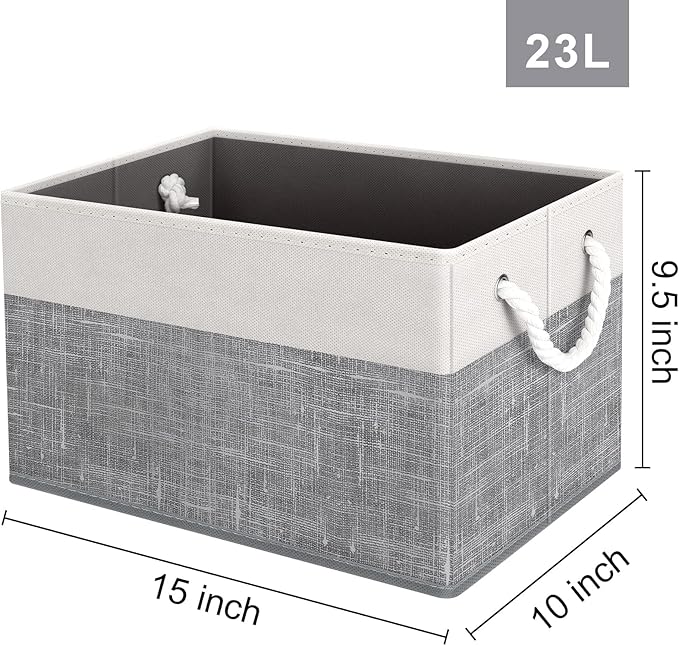 Storage Bins Foldable Storage Baskets with Rope Handles | 3-Pack Storage Bins for Organizing Toys, Books, Shelves, Closet, Large Storage Box Sturdy Organizer Bins, White & Grey