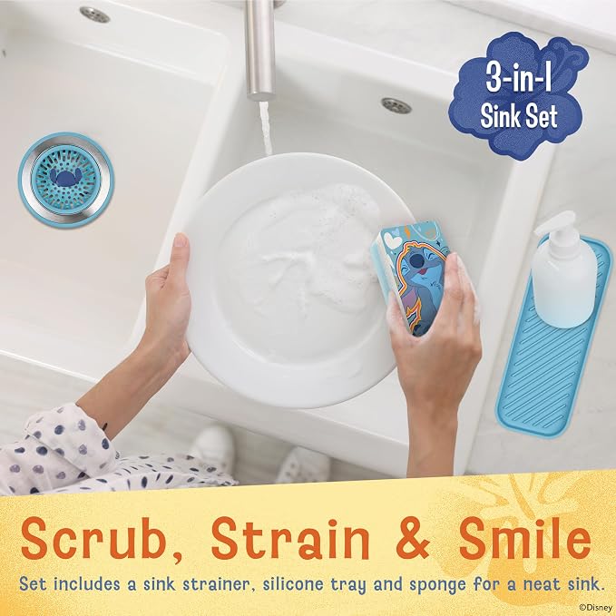 Disney Stitch Sink Drain Strainer, Dish Sponge & Silicone Sink Tray Set | 3-piece set with a strainer to prevent clogs, a tray to keep things organized, and a scrubber for dishes and counters
