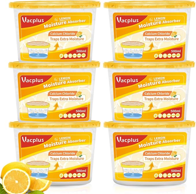 Vacplus Moisture Absorber, 10.5 OZ, Strong Absorption, Lemon Scent | Closet, Bathroom, Car, Odor Eliminator, Dehumidifier Bucket, 6 Pack