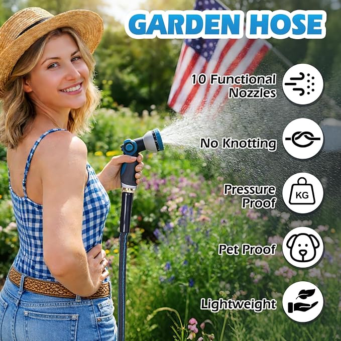 Non-Expanding Garden Hose 50FT with 10-Pattern Nozzle, Lightweight Flexible Water Hose Kink-Resistant, Brass 3/4'' Fittings & Sealing Washers, for Yard Lawn Garden Car Wash Pet Bathing