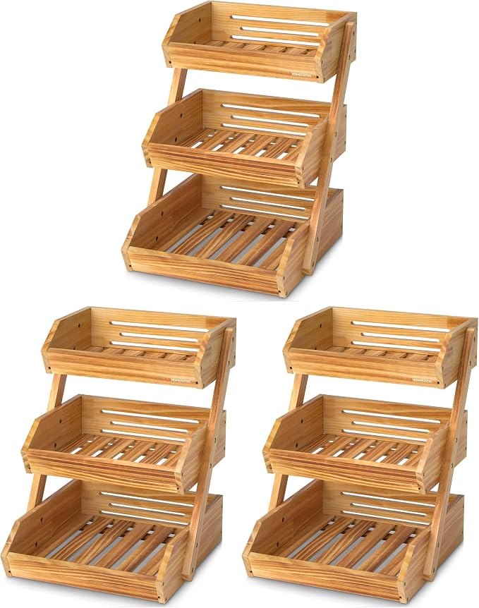 G.a HOMEFAVOR Wooden 3 Tier Fruit Basket, Brown, Pine Wood, Sturdy, Self-assembly (Pack of 3)