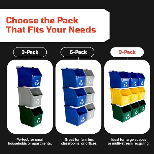 Multi Bin 6 Gallon Stackable Recycle Bins, Trash Can Kitchen Recycling Set | Recycling containers stackable design that saves floor space, while open-front bins with ergonomic handles ensure quick
