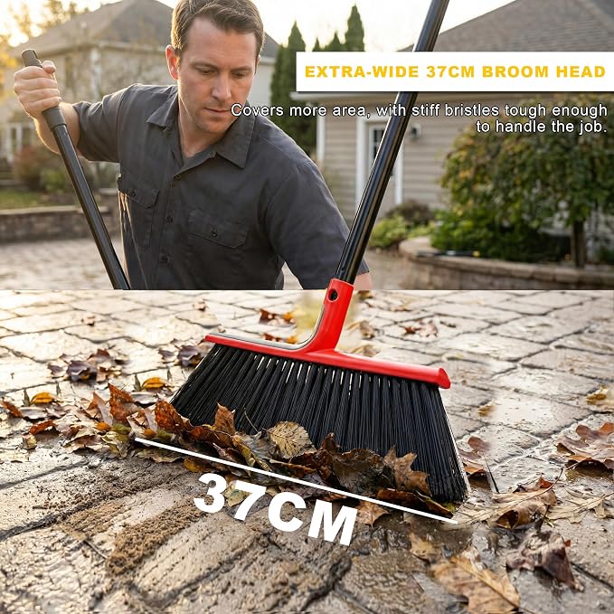 Large Angle Brooms Indoor Outdoor Broom with Long Handle Stiff Bristle Sweeper for Kitchen Garage Deck Courtyard Lobby Patio Lawn Leaves (Red)