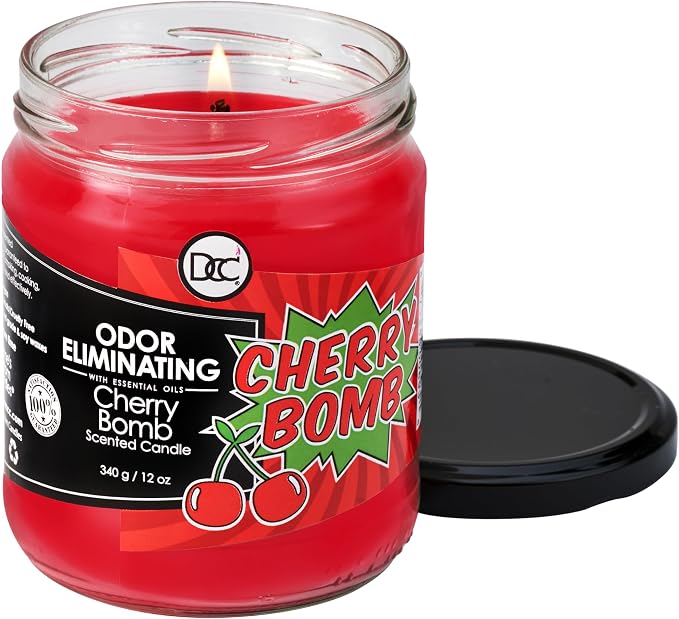 Cherry Bomb Odor Eliminating Highly Fragranced Candle - Eliminates 95% of Pet, Smoke, Food, and Other Smells Quickly - Up to 80 Hour Burn time - 12 Ounce Premium Soy Blend