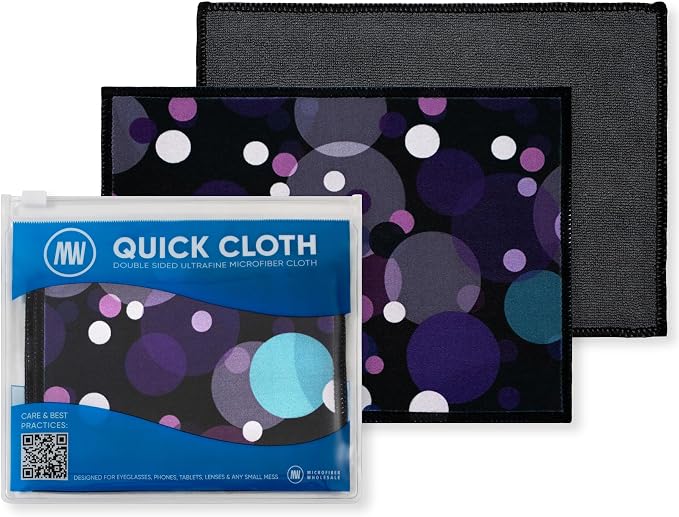 Quick Cloth Microfiber Glasses Cleaning Cloths — 5"x7" 2 Pack with | Storage Case, Double-Sided Lens Cleaner for Eyeglasses, Sunglasses, Camera & Phone Screens (Bubbles, by Microfiber Wholesale)