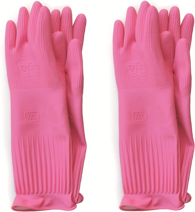 Myungjin (2 Pairs Reusable Waterproof Household Dishwashing Non-Slip Cleaning Latex Rubber Kitchen Gloves (Pink, XX-Large)