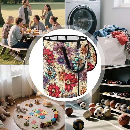 BIGCARJOB Boho Floral Large Trash Can with Lids, Camping Trash Can Collapsible Garbage Cans Water Resistant Garbage Bin Storage Holder for Outside, 22.83x17.71 in