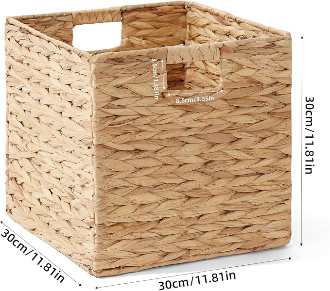 Water Hyacinth Storage Basket, Set of 2 Hand-Woven Wicker Baskets, Foldable Cube Storage Bins, Wicker Cube Laundry Organizer, Square Baskets for Organizing Shelves Decor, 12x12x12in