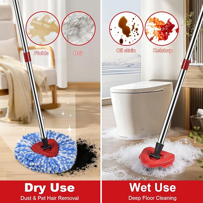 Spin Mop Replacement Head Set for O Ceda Mop RinseClean 2-Tank System | Include 3 Pack Mops Heads Replacements + Scrub Brush + 30-58" Handle & Base, Microfiber Mops Head Floor Mop Refill Kit